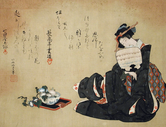 A Japanese ukiyo-e print. To the right, a woman in a kimono sits on the floor. Her kimono is black with an underdress of red-and-white and red-and-blue, and her hair is elaborately done. She holds a fan with what appears to be a pattern of clouds or waves, and seems to be looking down at a piece of paper held behind the fan; a letter? A poem? To the left, a bowl of morning glories sits on a tray, that at a glance looks like a bathroom scale.