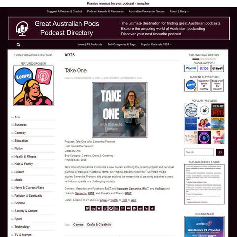 Take One With Samantha Fremont
Screenshot of the podcast listing on the Great Australian Pods website