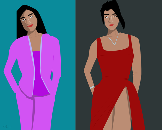 Side-by-side illustration of the same woman in two different styles.
Left panel: she stands in a relaxed pose wearing a bright pink lounge set over a purple top, hands in pockets, expression soft, against a teal background.
Right panel: she wears a deep red evening gown with a high slit, short side-swept black hair, silver necklace, bracelet, and a calm confident gaze against a charcoal background.
