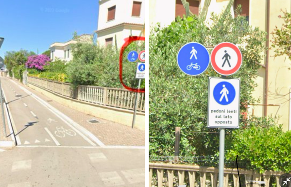 Misteriosa segnaletica a Nettuno: la pista ciclabile indecifrabile, il marciapiede vietato (?), i 'pedoni lenti'. E dare la precedenza avendo la precedenza