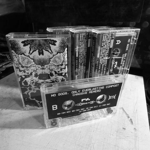 "No gods, only everlasting compost" Memero + ChaosVG 
Release Cassette tape showcase view