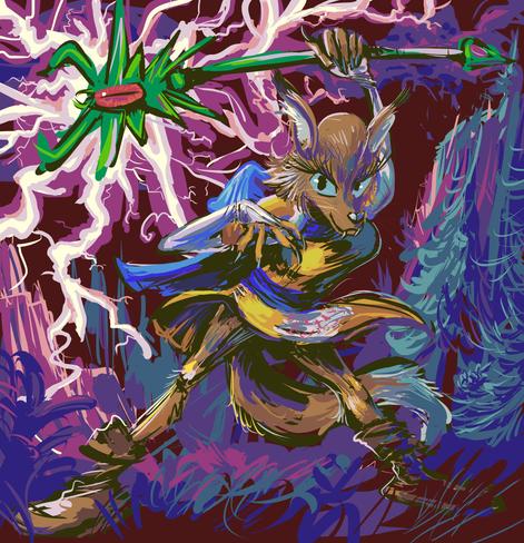 anthropomorphic fox person wearing an uncharacteristically short dress, blue scarf and brown boots, holding a green spiky magic wand from which lightning bolts are emanating in front of a vague implied wilderness background