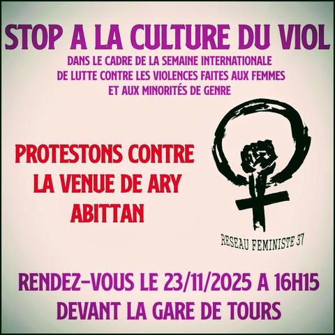 Visuel du réseau féministe 37 annonçant la date et lieu de rdv avec le logo