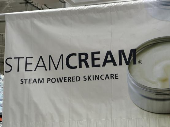 Banner displaying a product called "SteamCream" with the tagline "Steam Powered Skincare."