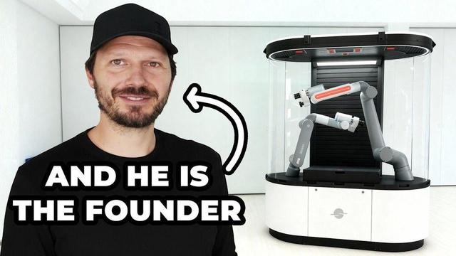 bearded man is with 2 robot system in background, and arrow points to him with text AND HE IS THE FOUNDER