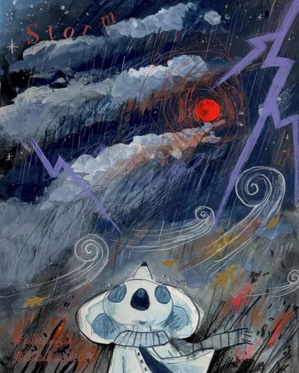 An illustration depicting a stormy scene with dark, swirling clouds and a red neon moon at the center. Lightning strikes are shown in purple, while winds create swirling patterns. A mouse character wearing a white hooded outfit, with a round face and big eyes and ears looks in the sky.