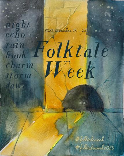 My cover page for Folktaleweek with all the prompts. It shows a piece of wall with a mouse hole, partially illuminated by a beam of light. Two eyes glow from the darkness of the hole.