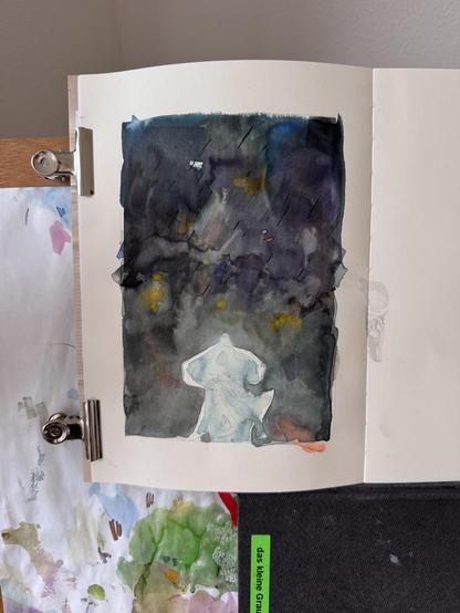 Earlier stage in the process with lots of wild colours on the page. Really, this doesn’t look like anything just a dark splotch of muddy colour 😂