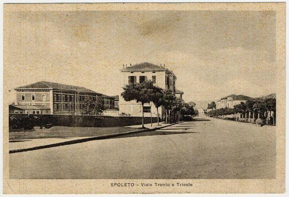 The image displays a sepia-toned photograph of an urban street scene, labeled "SPOLETO - Viale Trento e Trieste." The setting appears to be historical given the vintage look and black-and-white quality. We see two prominent buildings flanking either side of a tree-lined avenue. On the left is a large structure with classical architectural features like columns and decorative friezes, while on the right stands another multi-storied building with simpler design elements.

The street itself is wide but devoid of people or moving vehicles, suggesting a quiet moment captured in time. Shadows cast by trees suggest either early morning or late afternoon lighting conditions. The photograph's paper exhibits signs of age, such as discoloration and speckles that are typical of old photographic prints.

In the lower left corner, there is additional text reading "SPOLETO - Viale Trento e Trieste," which translates to 'Spoleto - Via Trento and Trieste.' This indicates a possible location or context for where this photograph was taken. The image's age suggests it could be documenting life in Spoleto during the early 20th century, reflecting urban development of that era.

Further information about this particular historical photo can likely be found at the provided URL, which seems to lead to an external website containing a full-size version of the photograph for closer inspection.