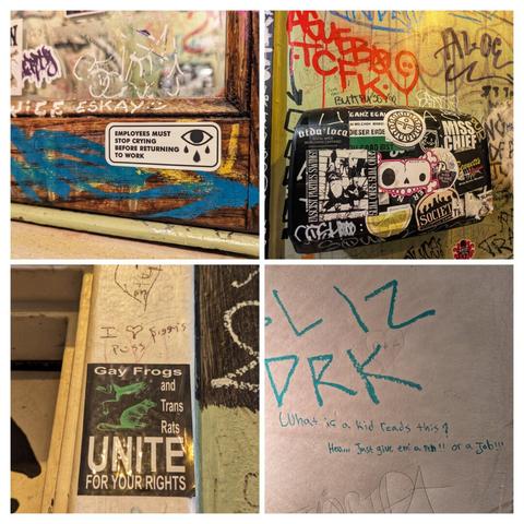 A collage of four close-up photographs showcasing the quirky and heavily graffitied interior of a restaurant bathroom.

1. The top-left image features a wooden mirror frame with a humorous sign that reads, "Employees must stop crying before returning to work." The mirror is adorned with colourful graffiti and paint splatters.

2. The top-right image shows a black hand dryer covered in an assortment of stickers and graffiti, attached to a wall that is also filled with vibrant tags and drawings.

3. The bottom-left image displays a sticker with the message "Gay Frogs and Trans Rats UNITE for your rights," surrounded by more graffiti and markings on the wall.

4. The bottom-right image captures a section of the wall with graffiti that reads "LIZ DRK" in large letters, accompanied by a handwritten note below it saying, "What's a kid reads this? Hell!!! Just give 'em a pen!! or a job!!!" in blue ink.