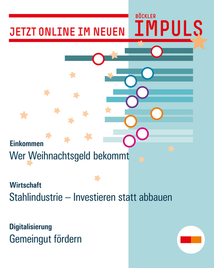 Text: Jetzt online im neuen Böckler Impuls: 
- Einkommen: Wer Weihnachtsgeld bekommt
- Wirtschaft: Stahlindustrie – Investieren statt abbauen
- Digitalisierung: Gemeingut fördern