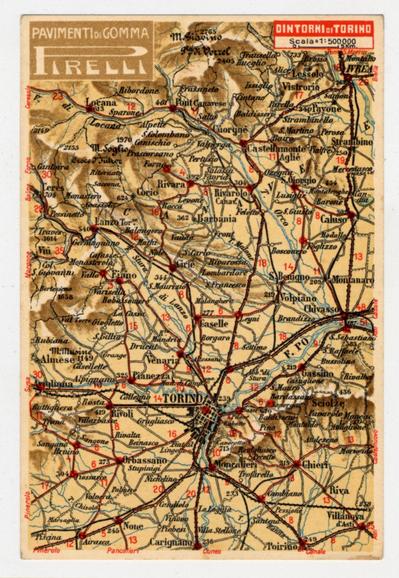 The image depicts an old map, possibly from the early to mid-20th century, showing a network of roads and settlements in Italy. The top left corner has "Pavimento di Gomma" indicating rubber road pavement with various numbers denoting different routes or distances. Notably, it is marked as "Firelli," likely referring to Firelli Pirelli, known for tire manufacturing.

The map background appears aged with a reddish-brown hue and shows the regions around Torino (Turin), including nearby cities like Rivarolo Canavese, Ivrea, Cuneo, Pinerolo, and Cherasco. The text "DINTORNI DI TORINO" suggests it's focusing on areas surrounding Turin.

Various red lines signify routes or travel paths across the map with distances in kilometers noted beside some of them, such as 23 km to Torino from one starting point labeled '648'. Towns and other locations are marked by handwritten-style labels. The top right corner has "Scala=1:500000," indicating a scale for distance representation.

There's no indication that this map is recent, implying it might have historical significance or be used as an educational tool to understand how transportation networks evolved over time in Italy.
