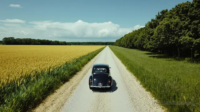 A black vintage car is driving along a country road between a field and a forest. The weather is summery and pleasant, but storm clouds are already gathering in the distance.