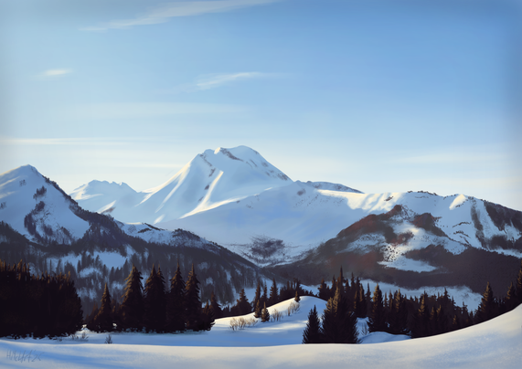 A digital painting of snowy mountains covered in pine trees, under slightly warm, late afternoon winter light, nearing sunset. The trees have been rendered in browns and oranges, in strong contrast to the bright blues of the snow shadows on the mountain range.