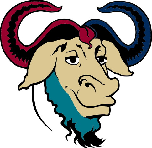 A vector graphic (well, PNG made in GIMP) based off of the GNU mascot/logo, but instead of black-and-white coloring, it features the colors of my community college: Navy- and Burgundy-colored horns, a teal-colored beard, and a tan-colored face.