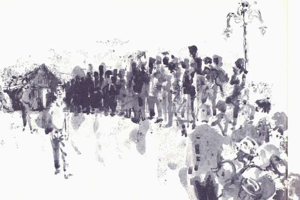 1955 Black & White Street Scene Painting

The painting is a black and white street scene rendered in loose, expressive brushstrokes that create a sense of movement and chaos. The figures are densely packed together, suggesting a busy public space such as a market or crowded sidewalk.