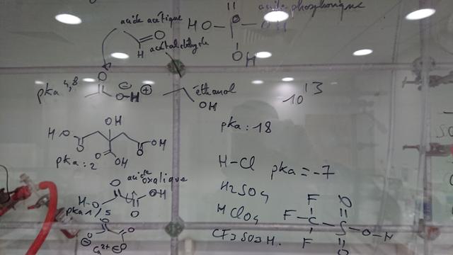 Représentation moléculaire de différents acides (acétique, oxalique...) et leur pKA, dessinée sur une vitre de labo