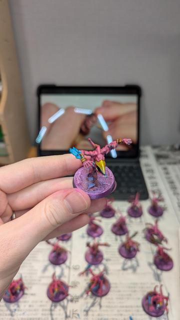 Painted miniatures. Pink Horrors from Warhammer Age of Sigmar. Work in progress.