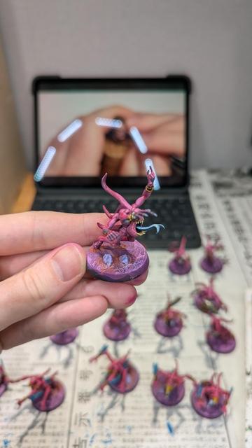 Painted miniatures. Pink Horrors from Warhammer Age of Sigmar. Work in progress.