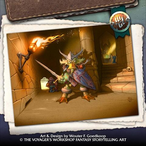 A traditional pencil illustration, coloured digitally, depicting two marauders, a mallard and a dwarf, as they take their leave from a cultist temple with some loot, including a very large glowing emerald.