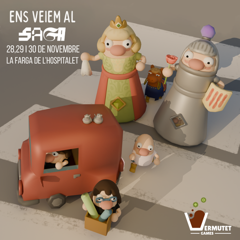 Cartell de Vermutet Games, on es veuen als personatges de Brunyols dirigint-se cap al SAGA. Hi ha un personatge carregant una caixa amb coses dins, un altre conduint un cotxe vermell, amb dos palomes damunt. Més enrere està un altre personatge esprintant, amb distints personatges dins de gegants. Al fons, està el capgros del cavall. Es pot llegir dalt a l'esquerra "Ens veiem al SAGA, 28, 29 i 30 de novembre, La Farga de L'Hospitalet". A la part de baix a la dreta es veu el logo de Vermutet Games.