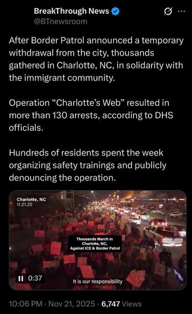 After Border Patrol announced a temporary withdrawal from the city, thousands gathered in Charlotte, NC, in solidarity with the immigrant community.
Operation “Charlotte’s Web” resulted in more than 130 arrests, according to DHS officials.