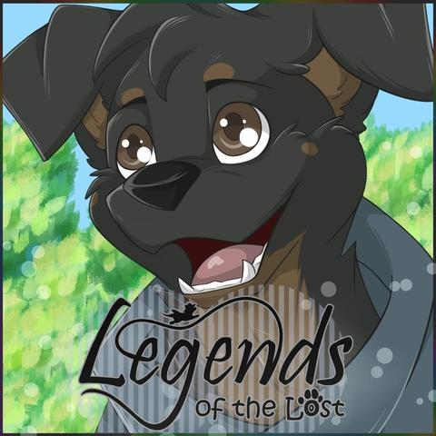 Headshot of a smiling Dog.
The Text says Legends of the Lost 
The Background is green bushes with a blue sky