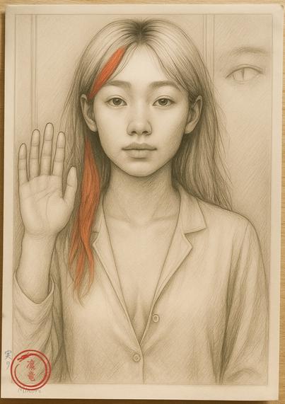 A pencil drawing of a young Japanese woman with blonde hair and a red streak in her hair, holding her left hand up, waving, as if a reflection in the mirror. A faint eye is visible in the background, to the right.