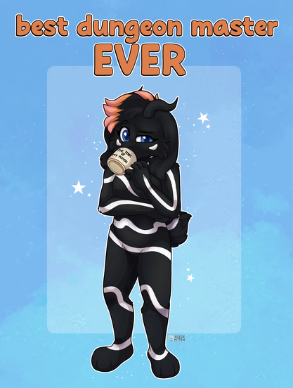 A black and white enby goat fursona sipping from a mug that says "the tears of my players" looking smugly at the camera