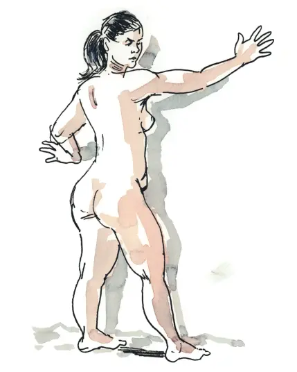 Rückansicht einer Stehenden mit nach rechts gedrehtem Kopf. Die Frau hat ihre Haare zu einem glatten Pferdeschwanz gebunden. Sie drückt ihre Hände gegen die Wand, auf die ihre Silhouette einen Schatten wirft.