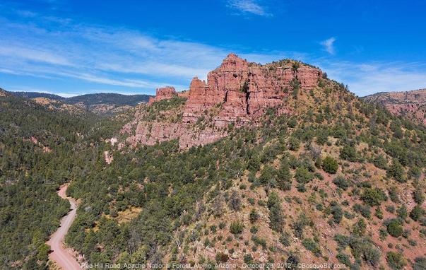 A large hill of layered red rock rises from lightly forested rolling hills. A narrow dirt road winds up a small valley on the left. Blue sky with light clouds.
©BosqueBill.com