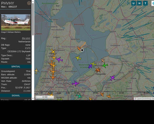 #PHVHY: Private (#Cessna C172, registration: PH-VHY)
Route: No route available
Min. distance: 1.7nm away @ 1100 ft
Heading: SW @ 0.0kts
Time: 15:43:31
 #ProbablyLanding #adsb #Venhuizen