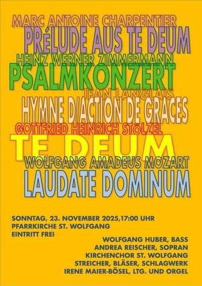 Plakat zum Konzert
Orangefarbener Hintergrund, die Texte zu den angekündigten Stücken überlappen sich teilweise