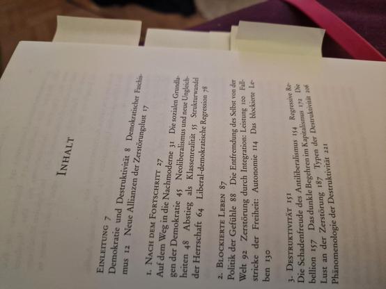 Teil des Inhaltsverzeichnis

INHALT

EINLEITUNG 7

Demokratie und Destruktivität 8 Demokratischer Faschis-mus 12 Neue Allianzen der Zerstörungslust 17

1. NACH DEM FORTSCHRITT 27

Auf dem Weg in die Nachmoderne 31 Die sozialen Grundla-gen der Demokratie 45 Neoliberalismus und neue Ungleich-heiten 48 Abstieg als Klassenrealität 55 Strukturwandel der Herrschaft 64 Liberal-demokratische Regression 78

2. BLOCKIERTE LEBEN 87

Politik der Gefühle 88 Die Entfremdung des Selbst von der Welt 92 Zerstörung durch Integration: Leistung 100 Fall-stricke der Freiheit: Autonomie 114 Das blockierte Le ben 130

3. DESTRUKTIVITÄT 151

Die Schadenfreude des Antiliberalismus 154 Regressive Re bellion 157 Das dunkle Begehren im Kapitalismus 172 Die Lust an der Zerstörung 187 Typen der Destruktivität 206 Phänomenologie der Destruktivität 221
