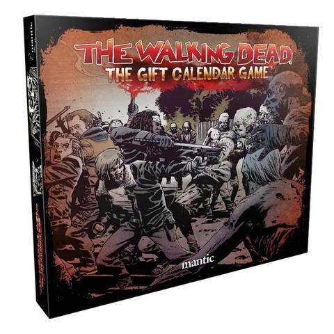 Produktbild vor hellem Hintergrunsschräg stehender schmaler Karton mit dem Titel TheWalkind Dead - The Gift Calendar Game. unter dem Titel eine gezeichnete Scenerie wie Personen sich gegen Zombies wehren.