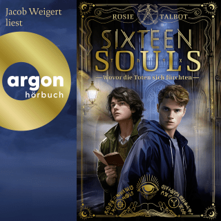 „Sixteen Souls – Wovor die Toten sich fürchten“ von Rosie Talbot, argon hörbuch. Jacob Weigert liest. Das Cover zeigt zwei Augen zwischen mittelalterlichen, hohen Häusern und einem Eingang zu einem Münster.