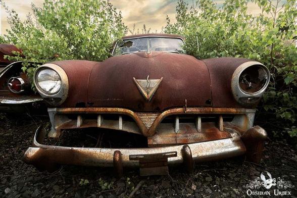 A rusted, vintage car sits abandoned among overgrown bushes, with a damaged bumper and weathered body, under a partly cloudy sky.