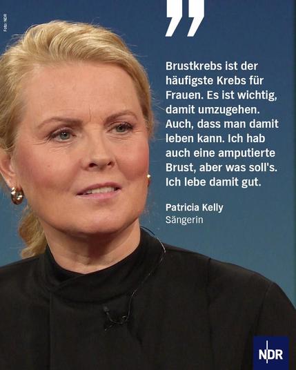 Bild: eine blinde Frau schaut an der Kamera vorbei. 

Text: Brustkrebs ist der häufigste Krebs für Frauen. Es ist wichtig, damit umzugehen.
Auch, dass man damit leben kann. Ich hab auch eine amputierte Brust, aber was soll's.
Ich lebe damit gut.
Patricia Kelly
Sängerin