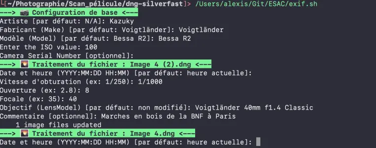 Capture d'écran de mon terminal avec les scrip exif.sh lancer et les informations de la première image.