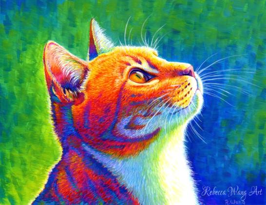 A colorful portrait of an orange tabby cat in bright rainbow colors.