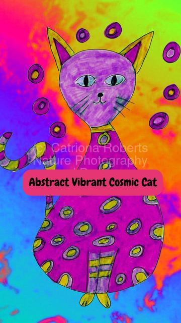 Slide from my latest You Tube Video- Fun Art, featuring the design’- 
‘Abstract Vibrant Cosmic Cat’.   

Originally a hand drawn design created using coloured ink pens and paper, laterally digitally manipulated using various means ( including the Background Remover, colour filters and layering options on canva.com) enabled this cute artwork to emerge. 

Features a whimsical cat adorned with a unique dotted pattern. Vivid colors swirl around, creating a playful and lively atmosphere.

I combined all elements to create this video (including text, shapes, animation, layering and transparency options) using the video editor in canva.com 

Music track for this video provided within the You Tube Library.

Click links on channel bio to discover more about this cute wall art.

Click link in main post to view the video.
