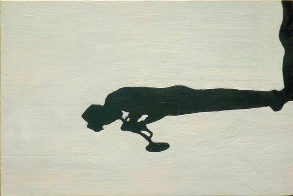 A striking and elegant painting done in two tints, cream and black. A man standing at the extreme upper right of the painting, just a small of sliver of whom can be seen, a foot and lower leg. His shadow, a man in a hat playing a trumpet, is the focus of the work. The background is cream, done in sweeping horizontal brushwork.