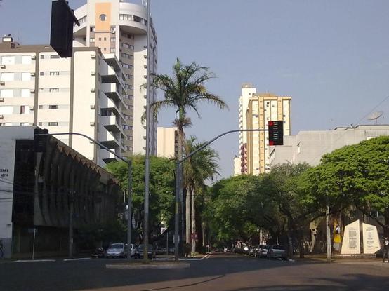 Foto tirada do meio de uma pista de rolamento em um cruzamento de avenidas centrais asfaltadas de pista dupla, sendo a que aparece com duas faixas em cada sentido, típicas de Maringá, Paraná, com semáforos. Há altas palmeiras no canteiro central e muitas árvores de copas cheias nas calçadas, formando sombras. Há alguns carros estacionados nas laterais da via e poucos transeuntes, em uma tarde de sábado de primavera com céu claro. A primeira edificação à esquerda, cuja fachada tem brises verticais de concreto, é uma biblioteca municipal. Aparecem outros edifícios mais altos, todos de concreto e alvenaria.