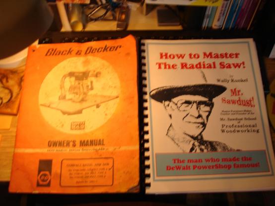 Radial arm saw books of Black & Decker and Mr. Sawdust.