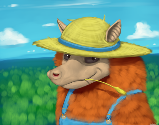 A portrait of a Indian flying fox with a forest landscape in the background. the hills fade over the horizon and the sky is partly cloudy. The bat is wearing a straw hat with their ears poking out through holes in the hat. They are also wearing some blue overalls. They look up towards the viewer with a smile on their face and a piece of straw sticking out of their mouth.