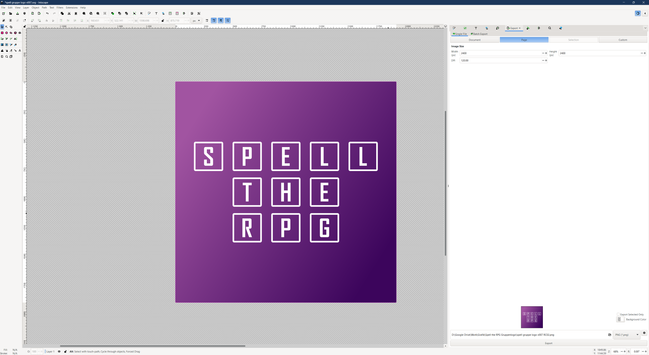 "Spell the RPG "im "Scrabble-Buchstaben"-Look in Weiss auf rosa purpurnem Untergrund, darum herum das Inkscape-UI