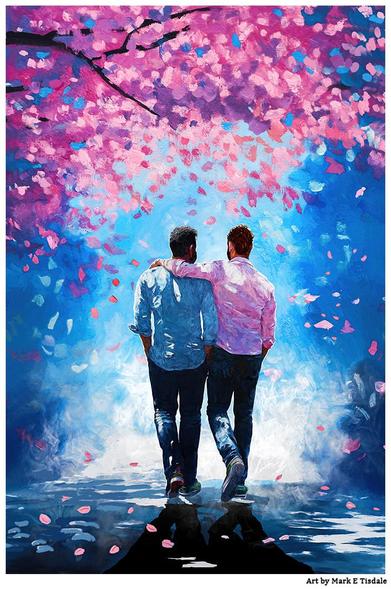 Digital art that is mostly blue and pink in color. Two men are walking together - one man has his arm around the other. The background is bleu with a large branch covered in cherry blossoms over their head. There are pink petals on the ground and falling around them.