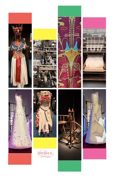 Eine Collage mit alten Web- und Strickmaschinen, einem Spinnrad, Stoffe, Couturekleider, ….