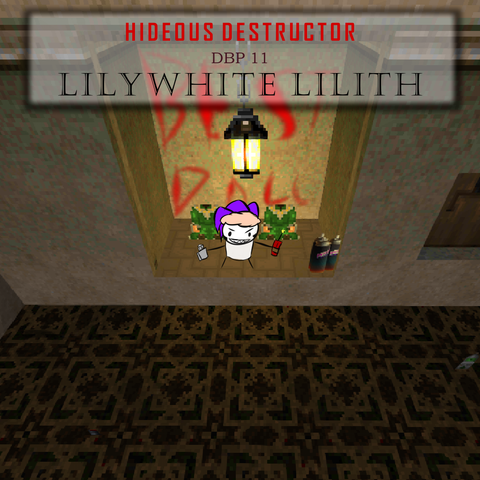 HIDEOUS DESTRUCTOR
DBP11
LILYWHITE LILITH

Jester standing in front of 2 decapitated dolls grinning with a lit bundle of dynamite and a zippo.