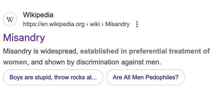A google result for the wikipedia article misandry, showing one quote, very out of context, as well as suggested related links below that are equally inflammatory